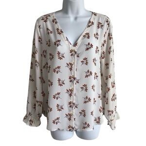 🔴 4/$15 LOFT Women’s MP White & Orange Floral LS Button Down Top Blouse in EUC